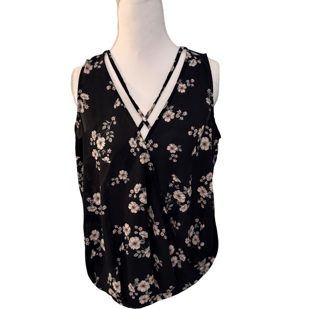 Grayson Threads Blouse Womens Large Black Floral Strappy V-Neck Sleeveless Top